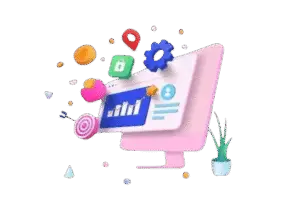 Imagem em desenho de um computador e ícones representando o SEO.