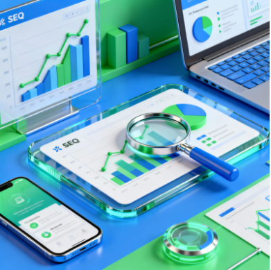 Lupa e gráficos demonstrando SEO.