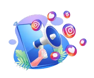 Imagem 3D com um celular, um mega fone e ícones do instagram.